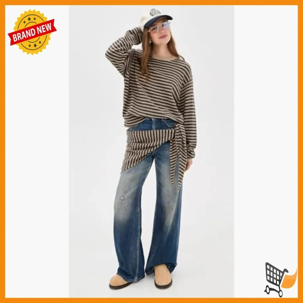 Lightweight Stretch Knit Pullover Sweater with Scarf, Dropped Shoulders